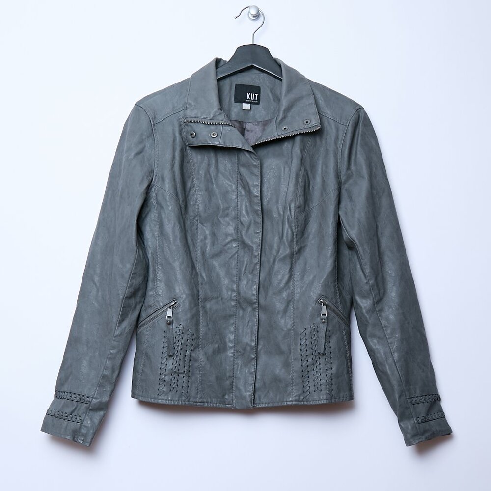 Kut from the Kloth vegan faux leather western moto zip up jacket medium gray